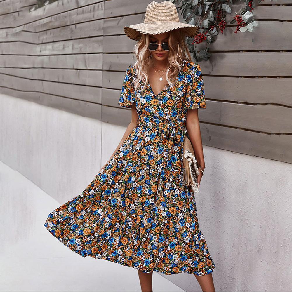 Short Sleeve Floral Print Bohemian Holiday Dress