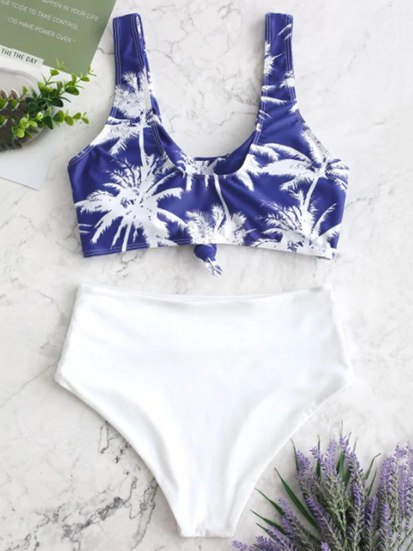 Floral-Print Color-Block U-Neck Split Bikini Swimsuit