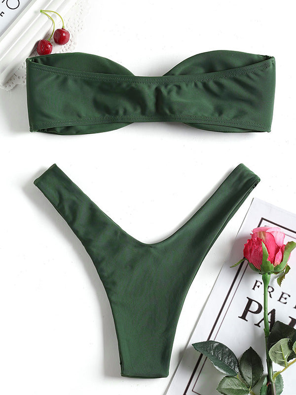 Solid Color Crossed Bandeau Split Bikini Swimsuit