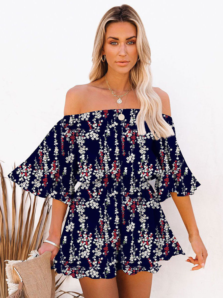 Blue Bateau Neck Half Sleeves Summer One Piece Outfit