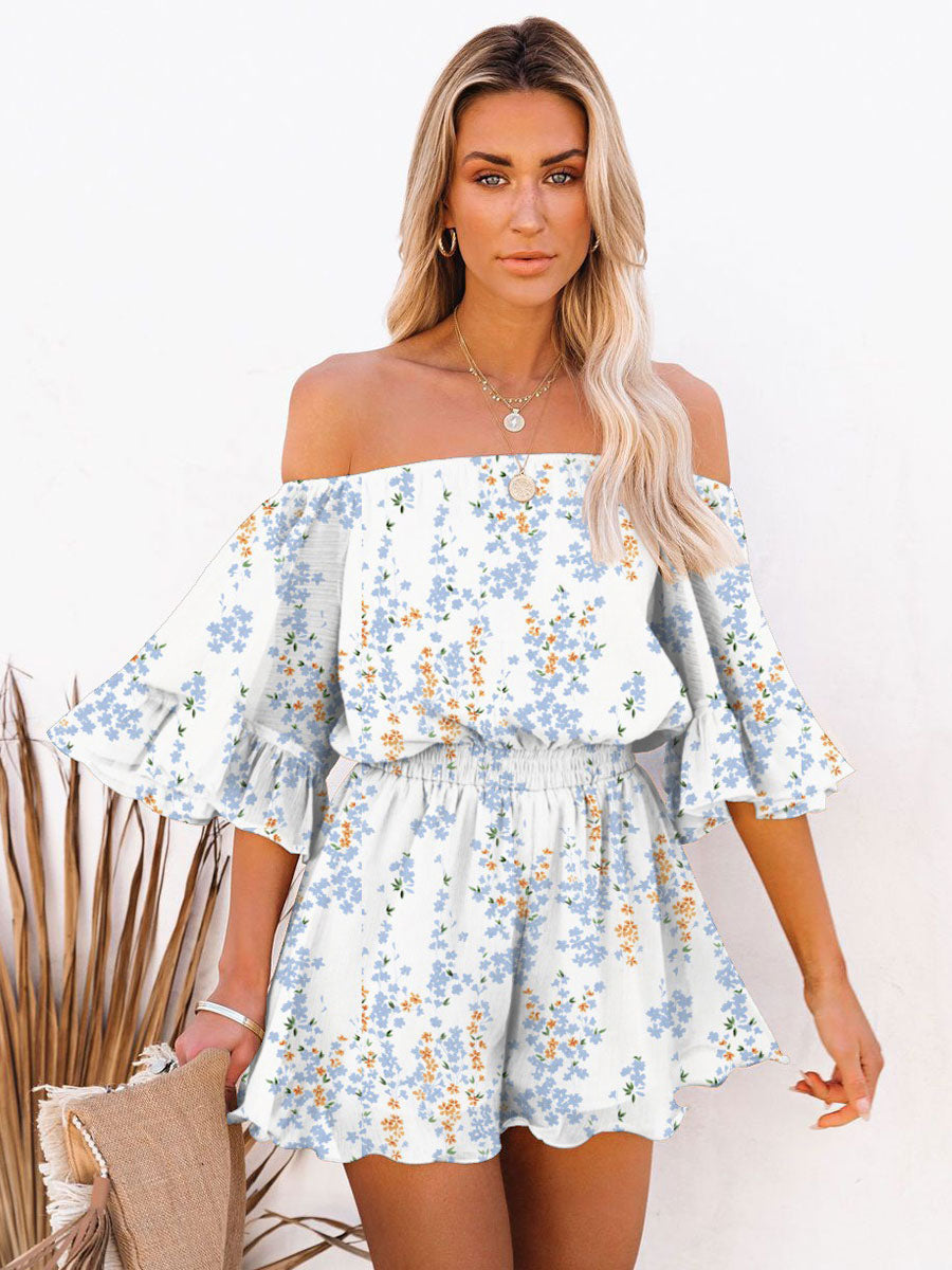 Blue Bateau Neck Half Sleeves Summer One Piece Outfit