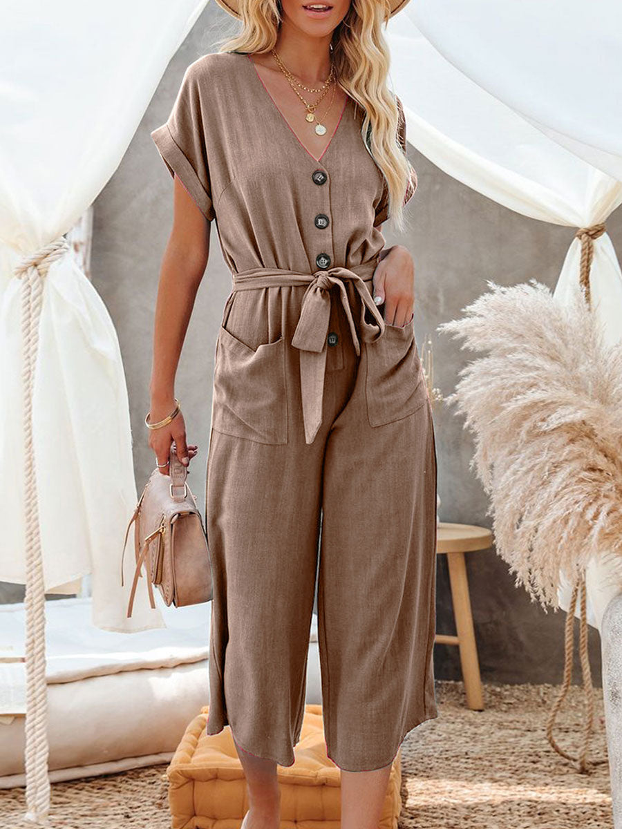 Schwarzer Jumpsuit mit Knöpfen und Knoten, weit, für den Sommer, einteiliges Outfit 