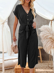 Schwarzer Jumpsuit mit Knöpfen und Knoten, weit, für den Sommer, einteiliges Outfit 