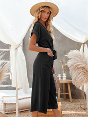 Black Jumpsuit Buttons Knotted Wide Summer One Piece Outfit