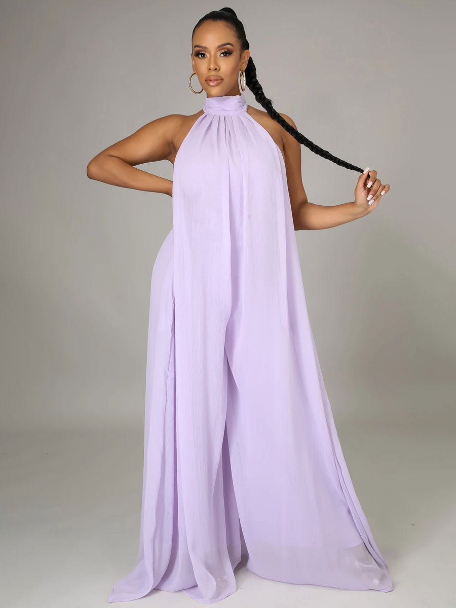 Purple Jumpsuit Sleeveless Backless Chiffon Wide Summer One Piece Outfit