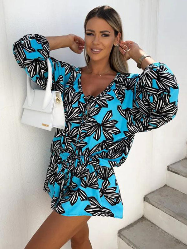 Blue Floral Print Jewel Neck Long Sleeves Summer One Piece Outfit