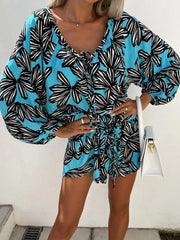 Blue Floral Print Jewel Neck Long Sleeves Summer One Piece Outfit