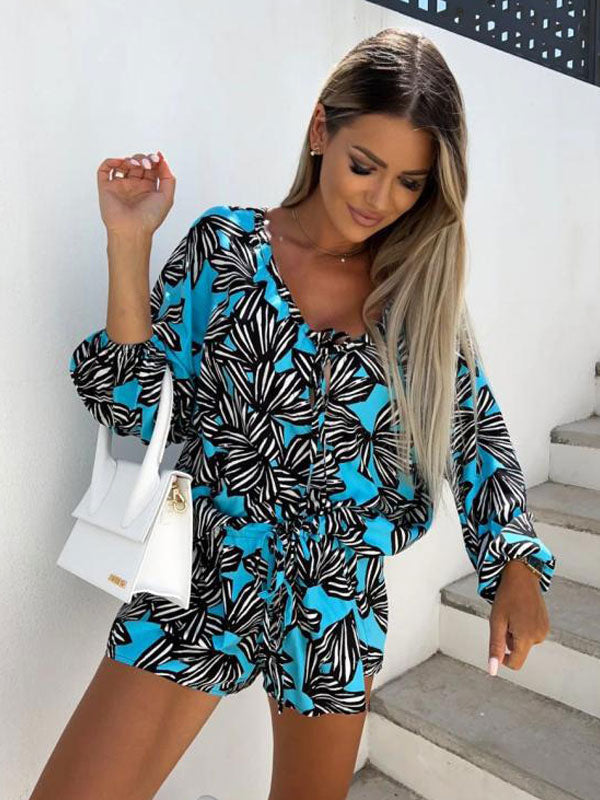 Blue Floral Print Jewel Neck Long Sleeves Summer One Piece Outfit