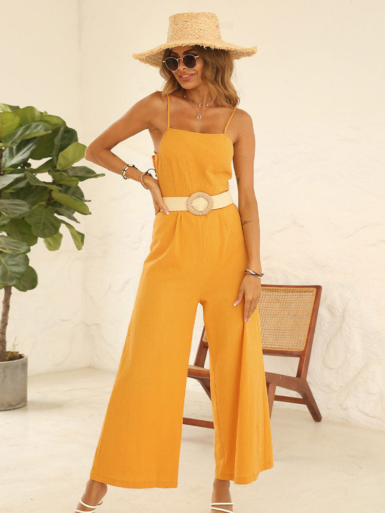 Orange Jumpsuit Straps Neck Loose Summer One Piece Outfit