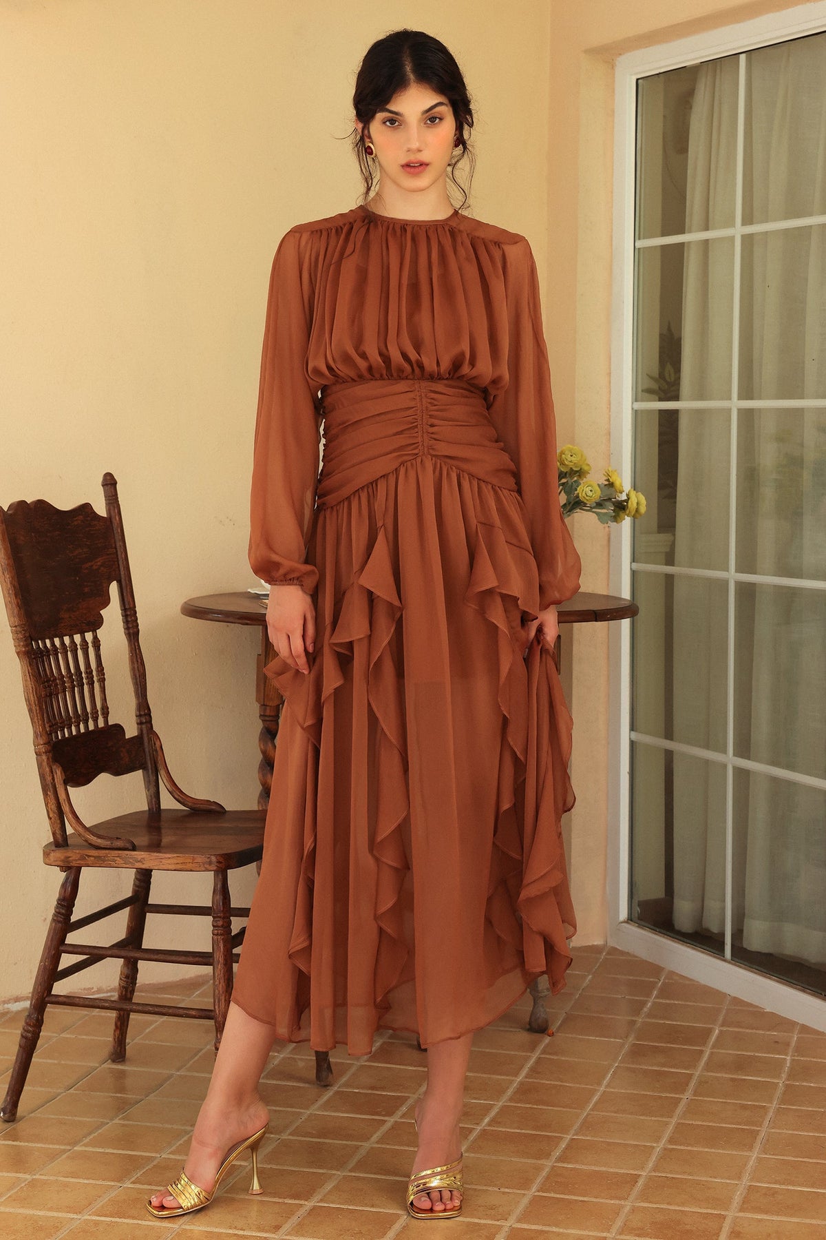 Puff Sleeve Tiered Ruffle Asymmetric Hem Maxi Dress Brown