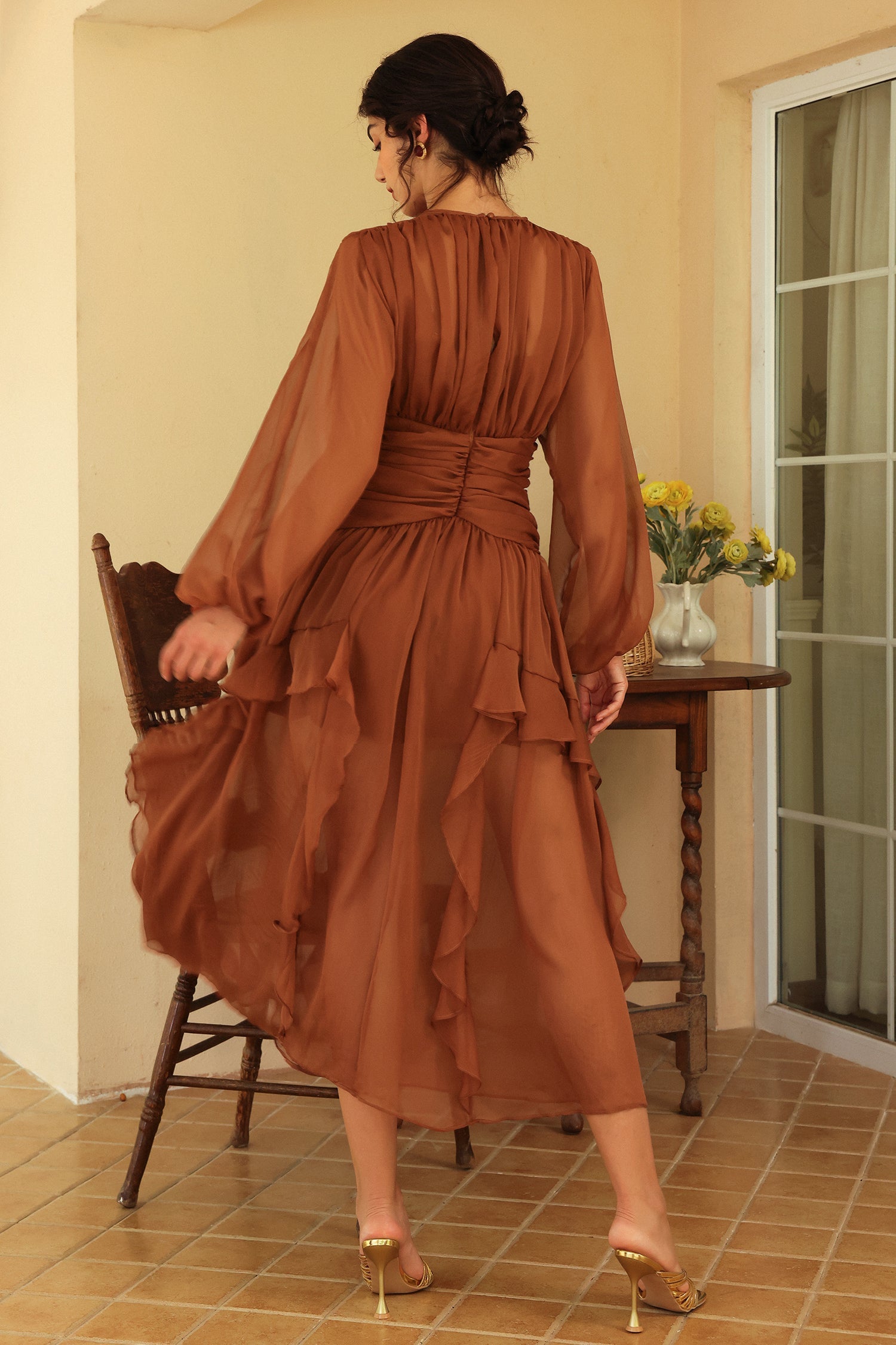 Puff Sleeve Tiered Ruffle Asymmetric Hem Maxi Dress Brown