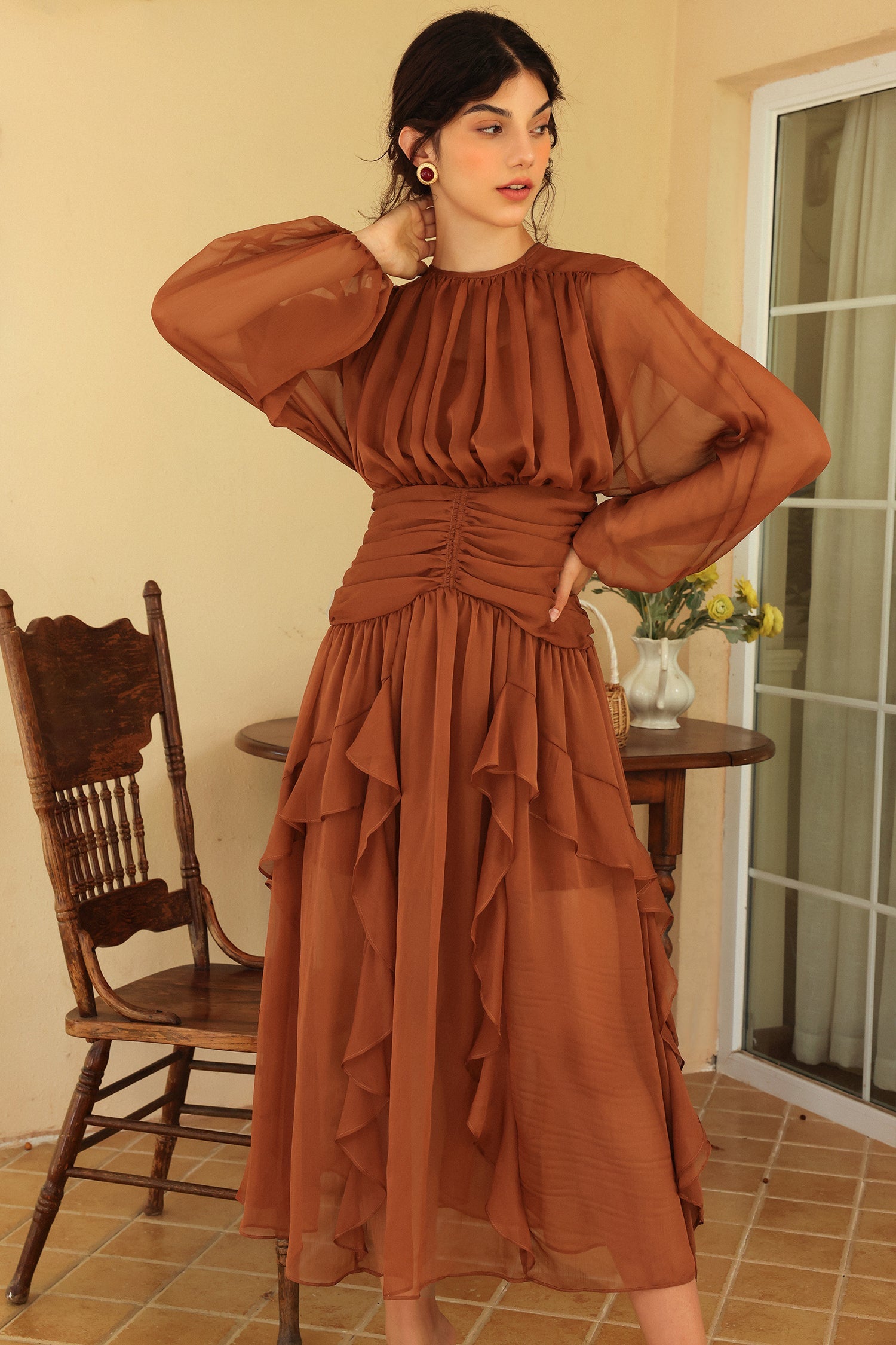 Puff Sleeve Tiered Ruffle Asymmetric Hem Maxi Dress Brown