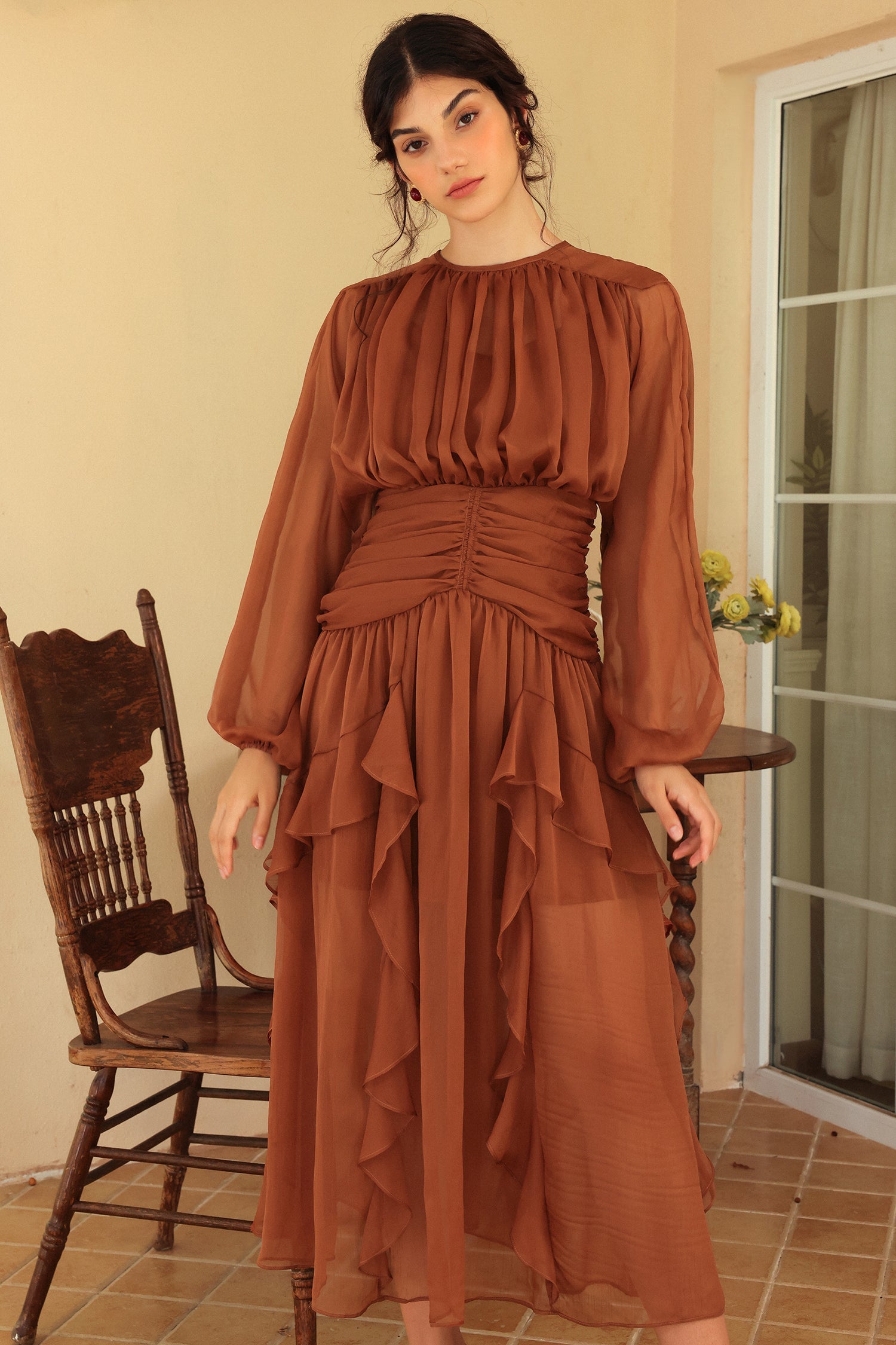 Puff Sleeve Tiered Ruffle Asymmetric Hem Maxi Dress Brown