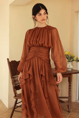 Puff Sleeve Tiered Ruffle Asymmetric Hem Maxi Dress Brown