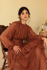 Puff Sleeve Tiered Ruffle Asymmetric Hem Maxi Dress Brown