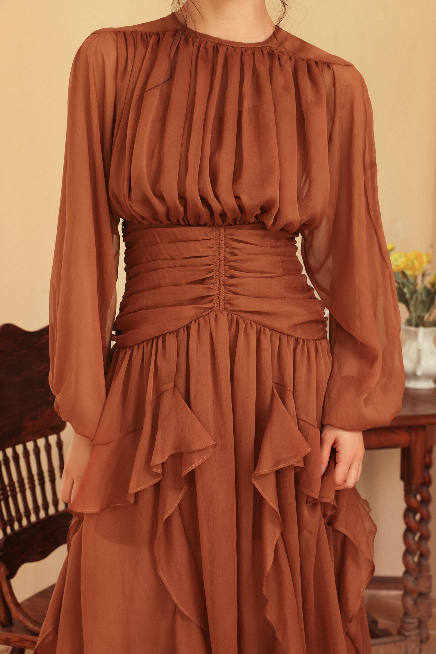 Puff Sleeve Tiered Ruffle Asymmetric Hem Maxi Dress Brown