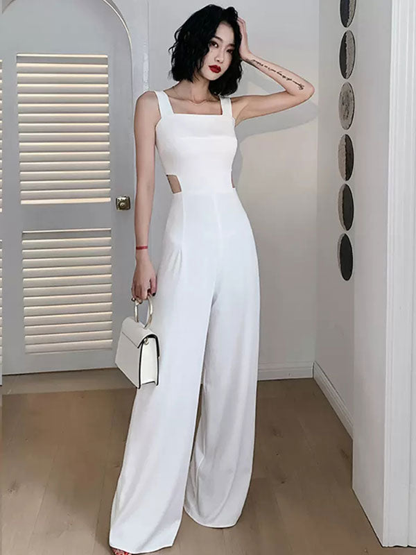 Side Cut-Out Jumpsuit Square Neck Sleeveless Wide Leg One Piece Outfit