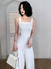 Side Cut-Out Jumpsuit Square Neck Sleeveless Wide Leg One Piece Outfit