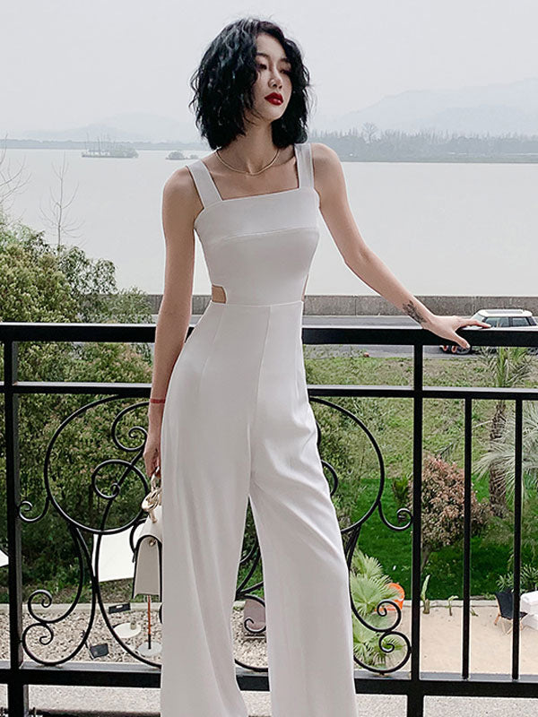 Side Cut-Out Jumpsuit Square Neck Sleeveless Wide Leg One Piece Outfit