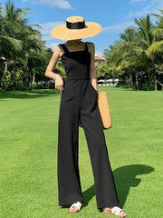 Schwarzer Jumpsuit mit eckigem Ausschnitt, ärmellos, weites Bein, einteiliges Outfit 