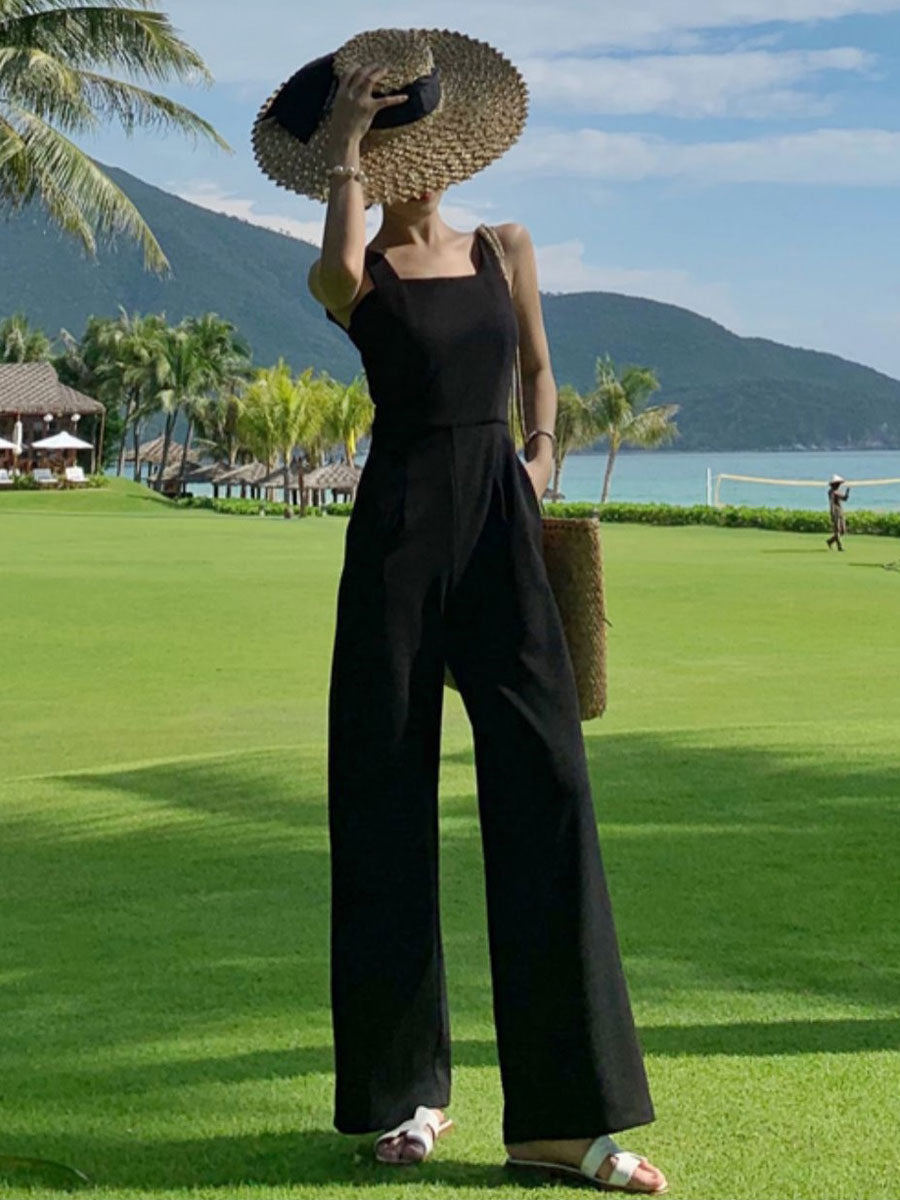 Schwarzer Jumpsuit mit eckigem Ausschnitt, ärmellos, weites Bein, einteiliges Outfit 