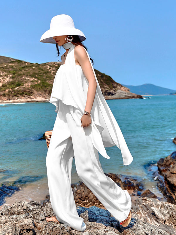 White Strapless Jumpsuit Wide Leg Summer One Piece Outfit