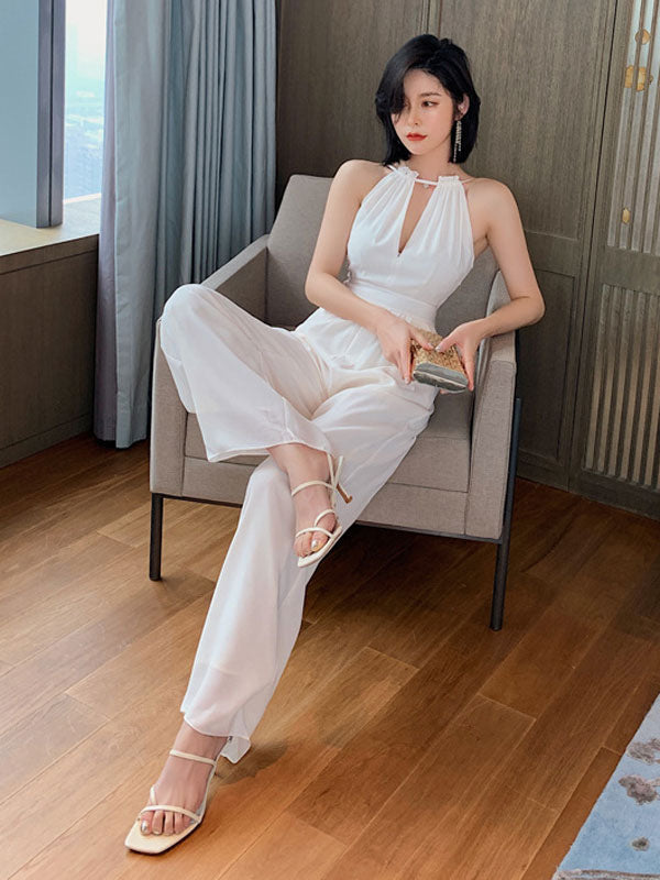 White Jumpsuits V-Neck Sleeveless Summer One Piece Outfit