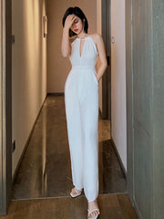 White Jumpsuits V-Neck Sleeveless Summer One Piece Outfit