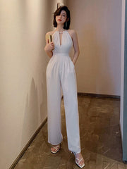 White Jumpsuits V-Neck Sleeveless Summer One Piece Outfit