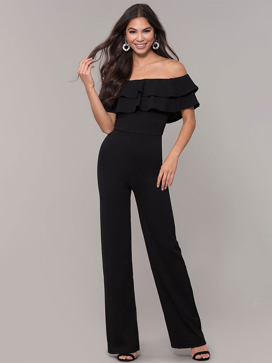 Off-Shoulder Jumpsuits Bateau Neck Ruffles Wide Leg One Piece Outfit