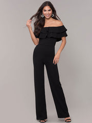 Off-Shoulder Jumpsuits Bateau-Ausschnitt Rüschen Weites Bein Einteiliges Outfit 