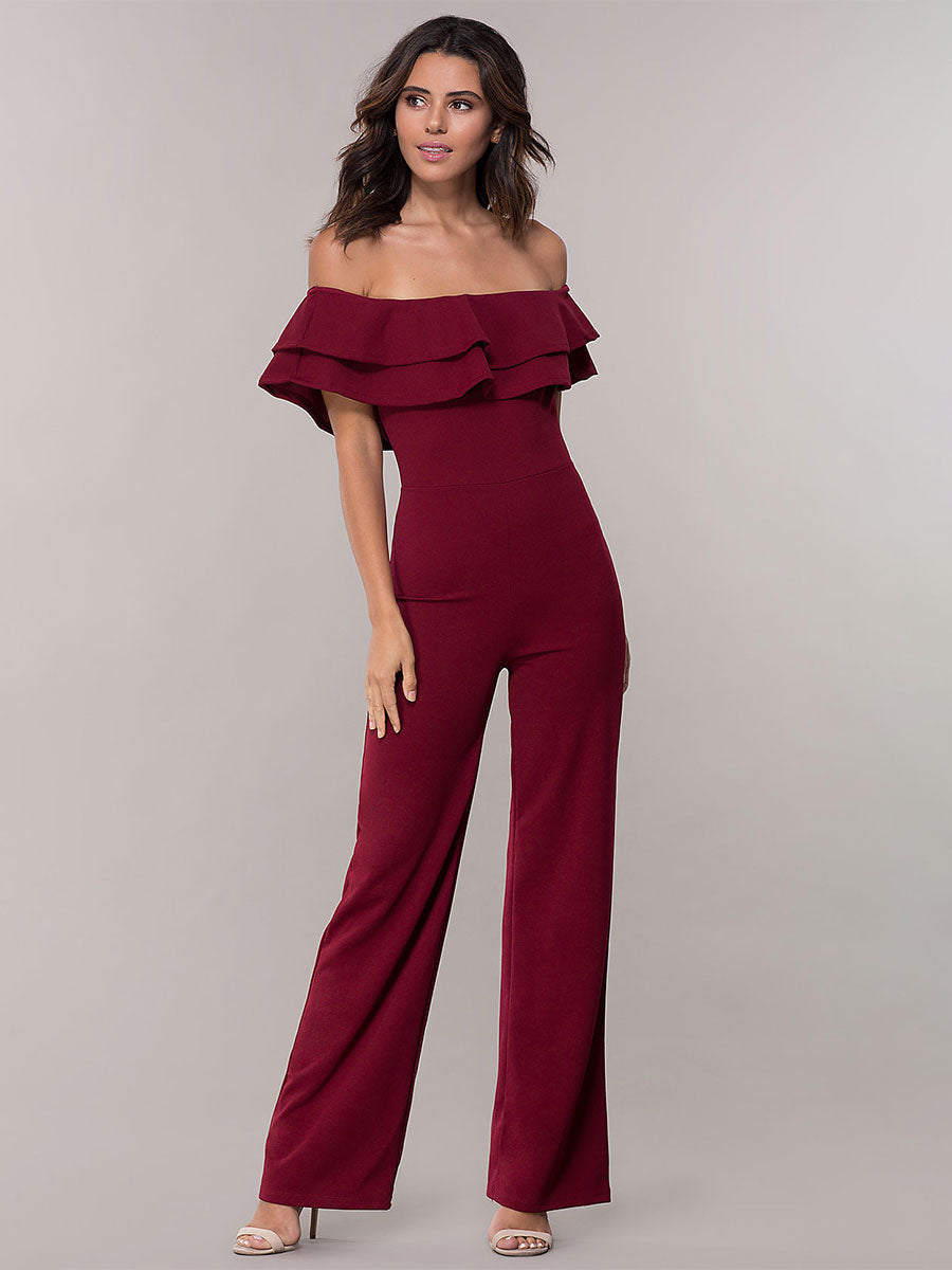 Off-Shoulder Jumpsuits Bateau-Ausschnitt Rüschen Weites Bein Einteiliges Outfit 