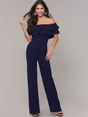 Off-Shoulder Jumpsuits Bateau Neck Ruffles Wide Leg One Piece Outfit