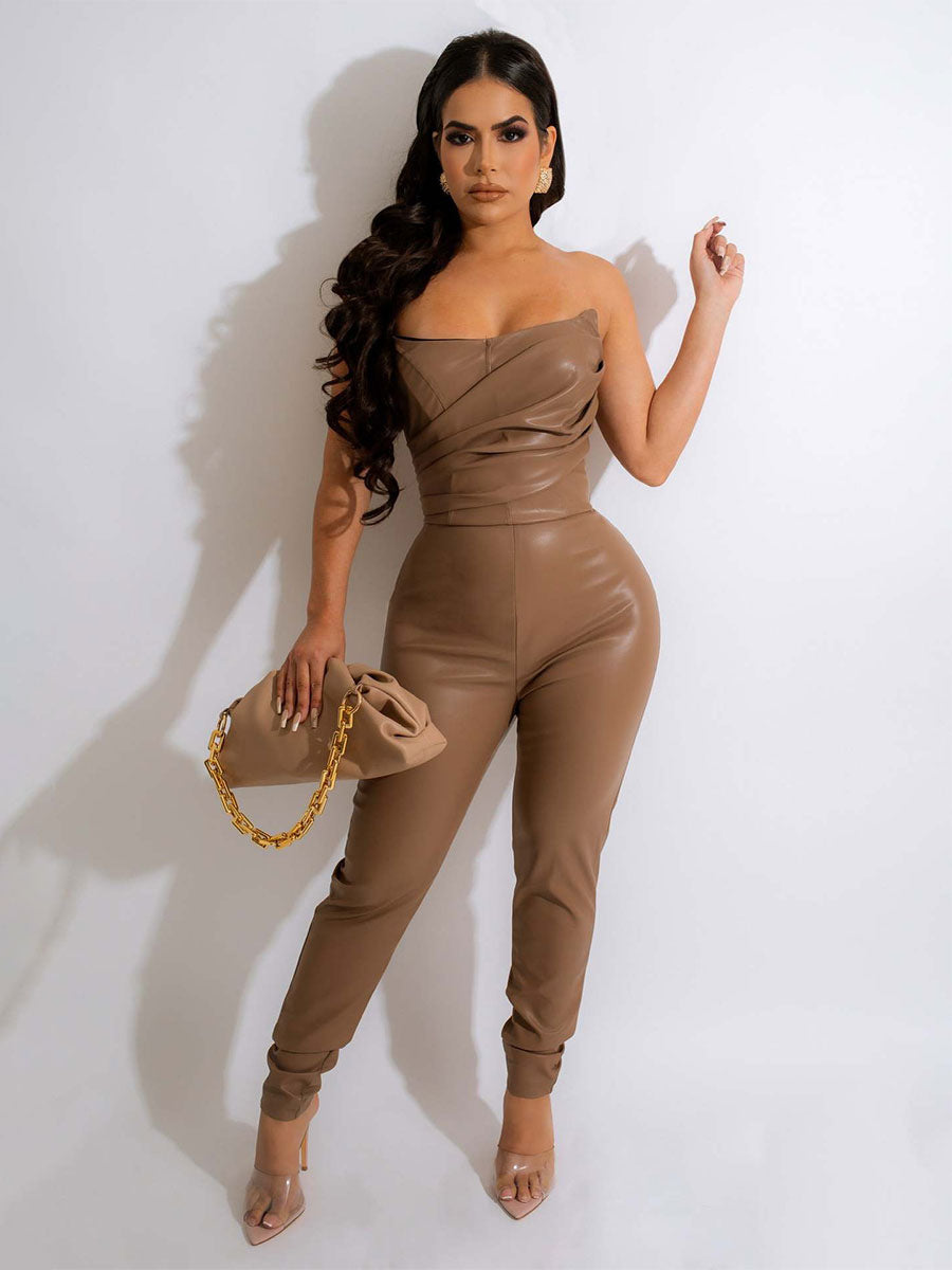 Coffee Brown Strapless Sleeveless Pleated Stretch Strapless PU Leather Tapered Fit Summer One Piece Outfit