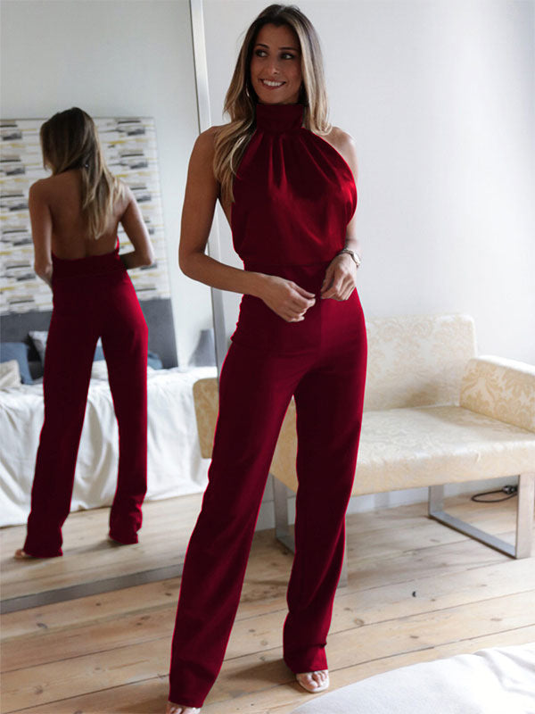 Jumpsuit High Collar Sleeveless Pleated Backless Wide Summer One Piece Outfit