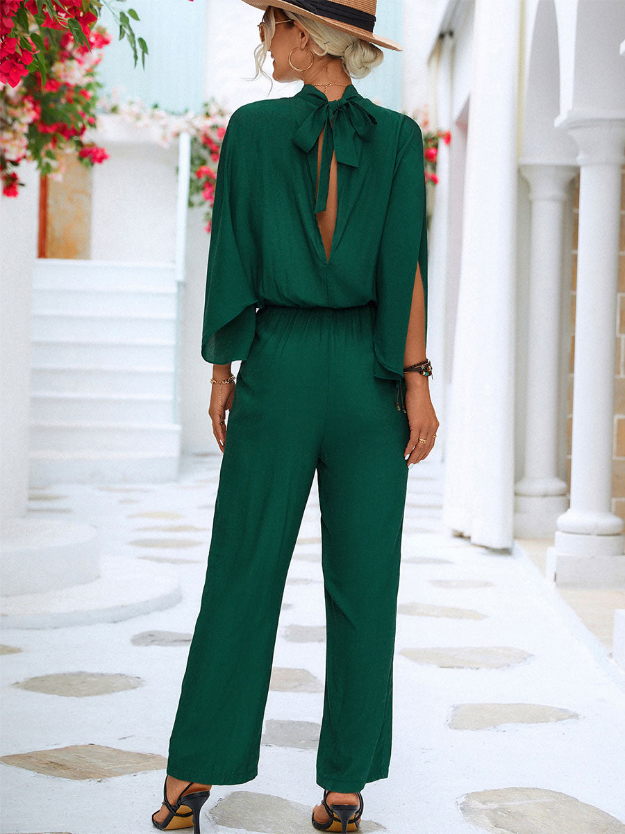 Green High Collar 3/4 Length Sleeves Pleated Straight Summer One Piece Outfit