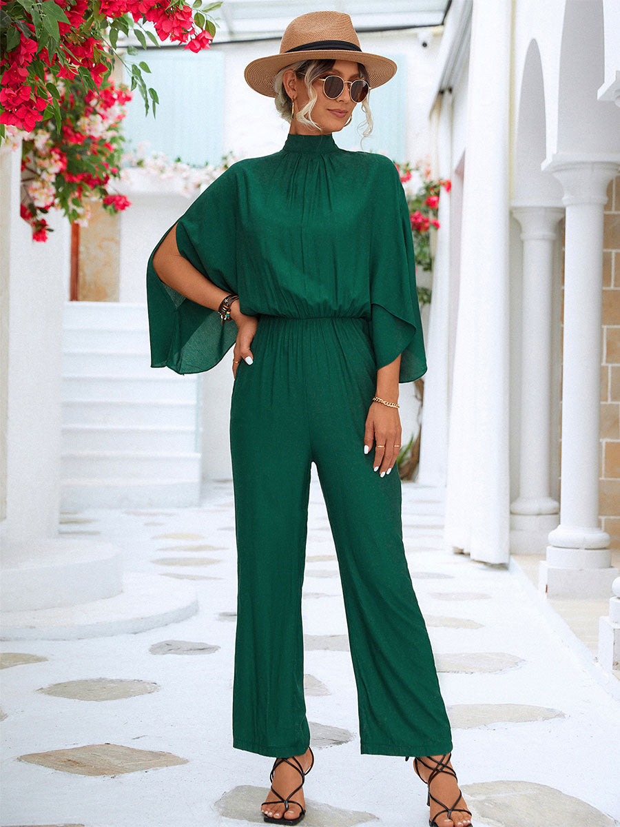 Green High Collar 3/4 Length Sleeves Pleated Straight Summer One Piece Outfit