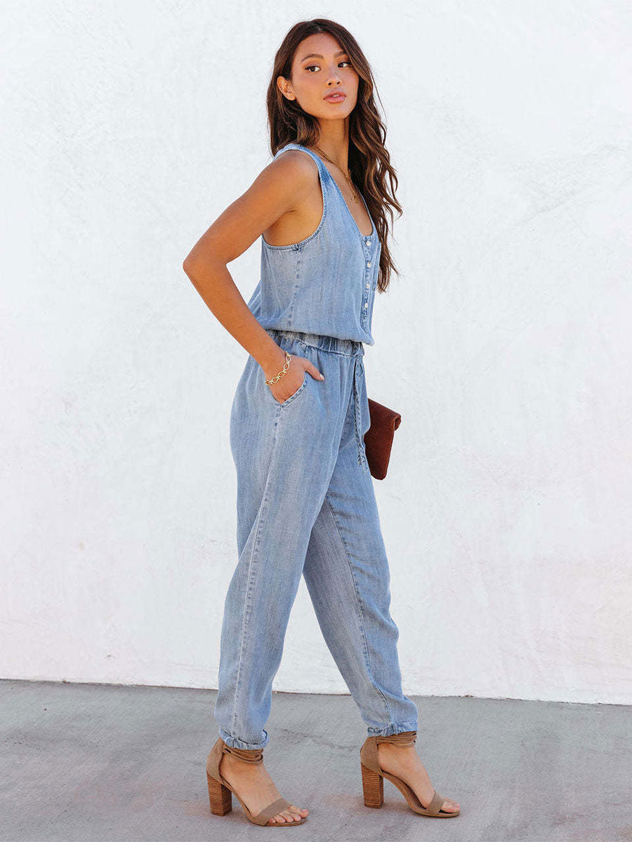 Black U-Neck Sleeveless Pleated Irregular Denim Tapered Fit Summer One Piece Outfit