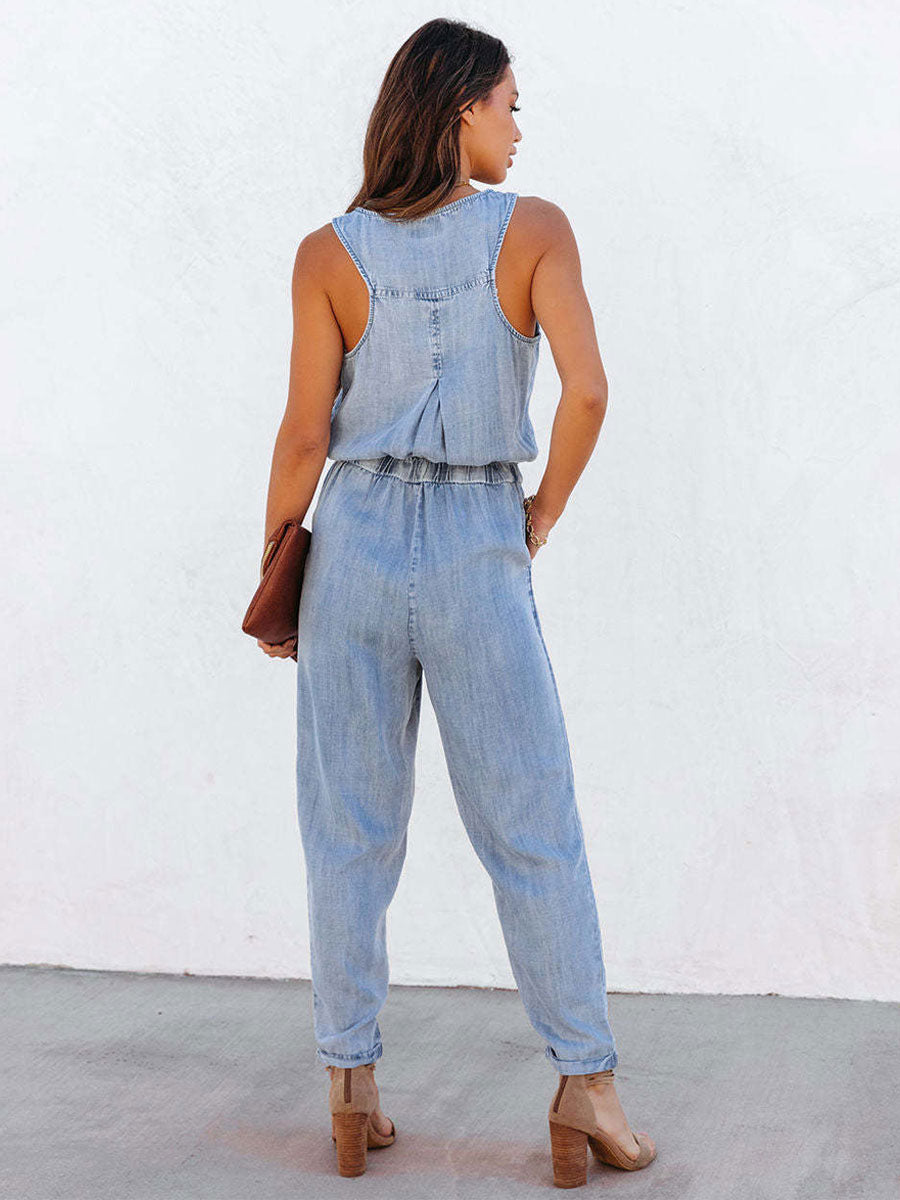 Schwarzes, ärmelloses, plissiertes, unregelmäßiges Denim-Einteiler-Outfit mit U-Ausschnitt und konischer Passform für den Sommer 