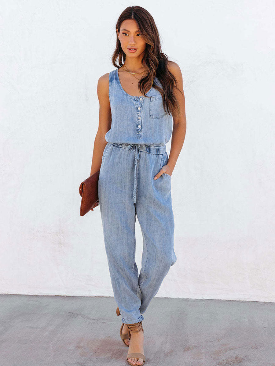 Black U-Neck Sleeveless Pleated Irregular Denim Tapered Fit Summer One Piece Outfit