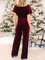 Velvet Jumpsuit V-Neck Short Sleeves Solid Color One Piece Outfit