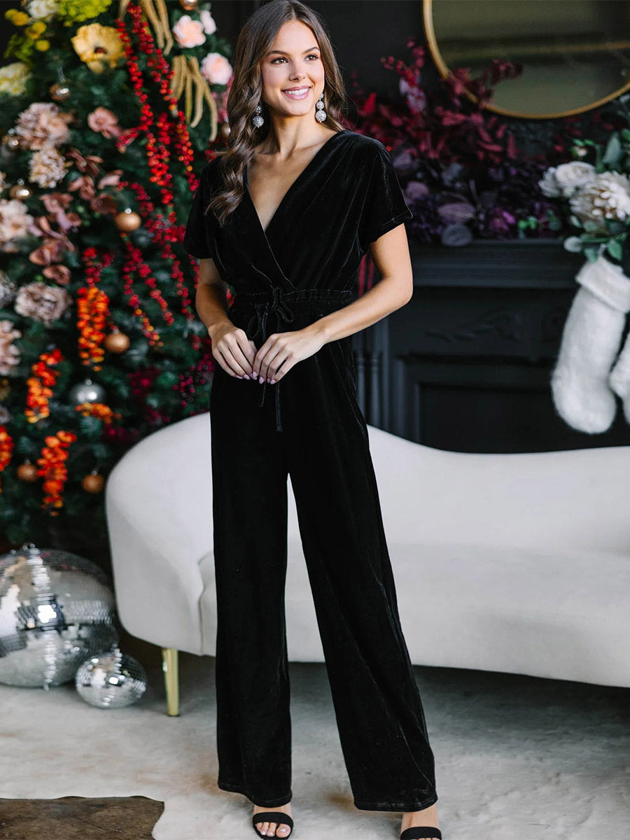 Velvet Jumpsuit V-Neck Short Sleeves Solid Color One Piece Outfit