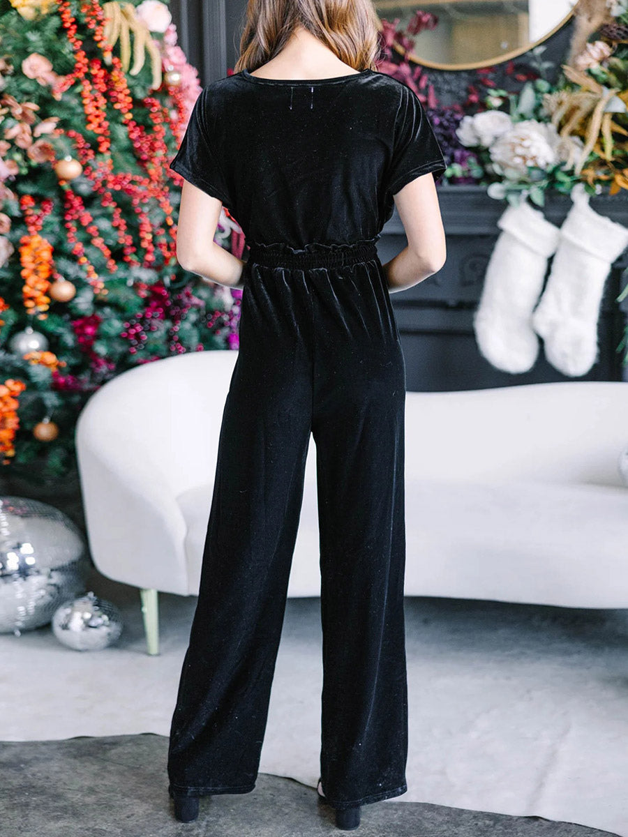 Samt-Jumpsuit mit V-Ausschnitt, kurzen Ärmeln, einfarbig, einteiliges Outfit 