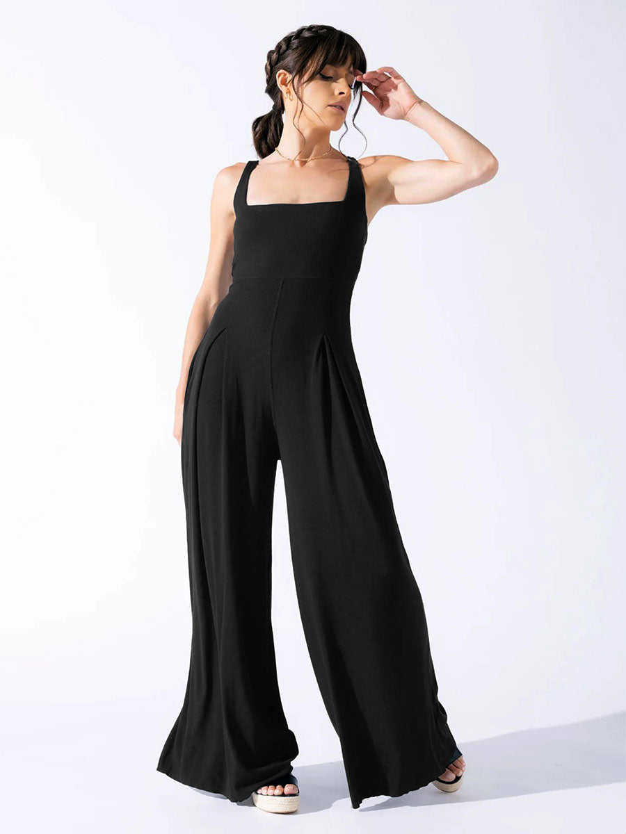 Black Jumpsuit Sleeveless Square Neck Pleated Loose Leg One Piece Outfit