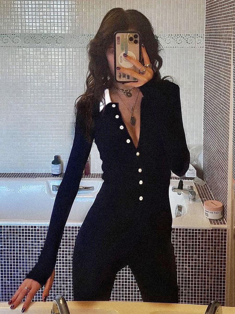 Solid Color Jumpsuit Long Sleeves Buttons Flared Buttons One Piece Outfit