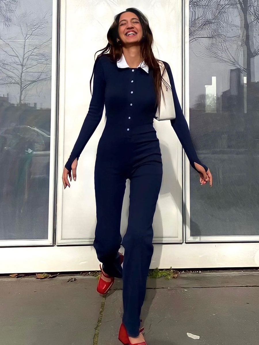 Solid Color Jumpsuit Long Sleeves Buttons Flared Buttons One Piece Outfit