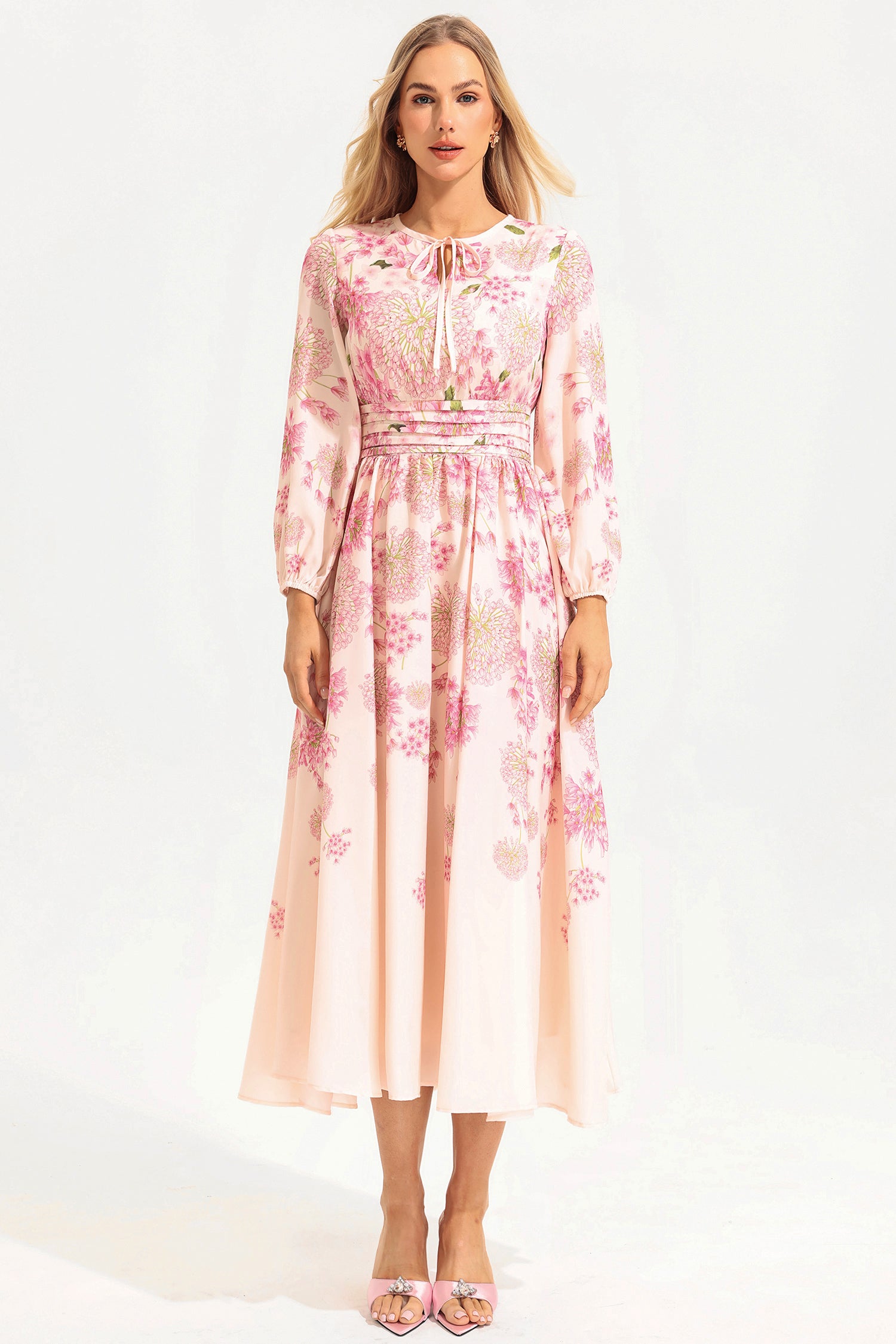 Floral Print Round Neck Puff Sleeve Maxi Dress