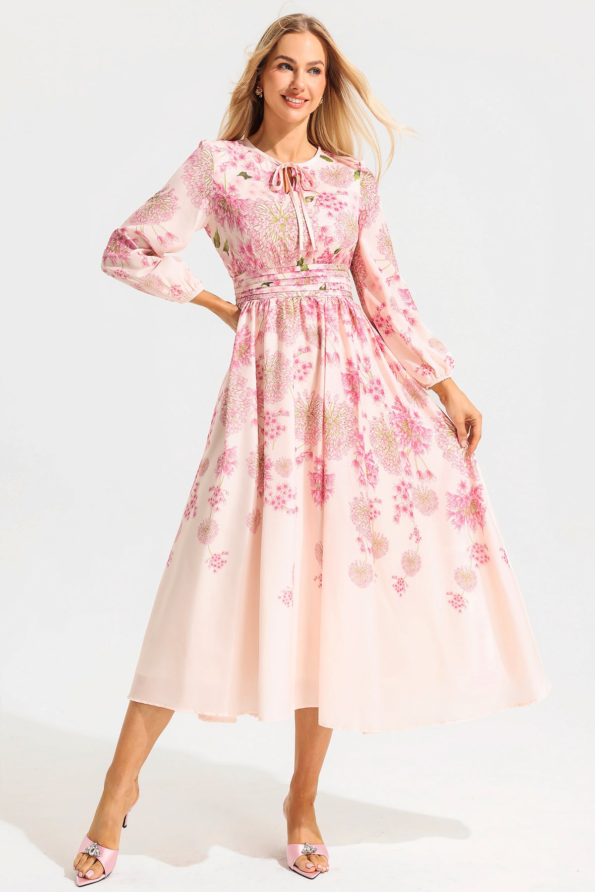 Floral Print Round Neck Puff Sleeve Maxi Dress