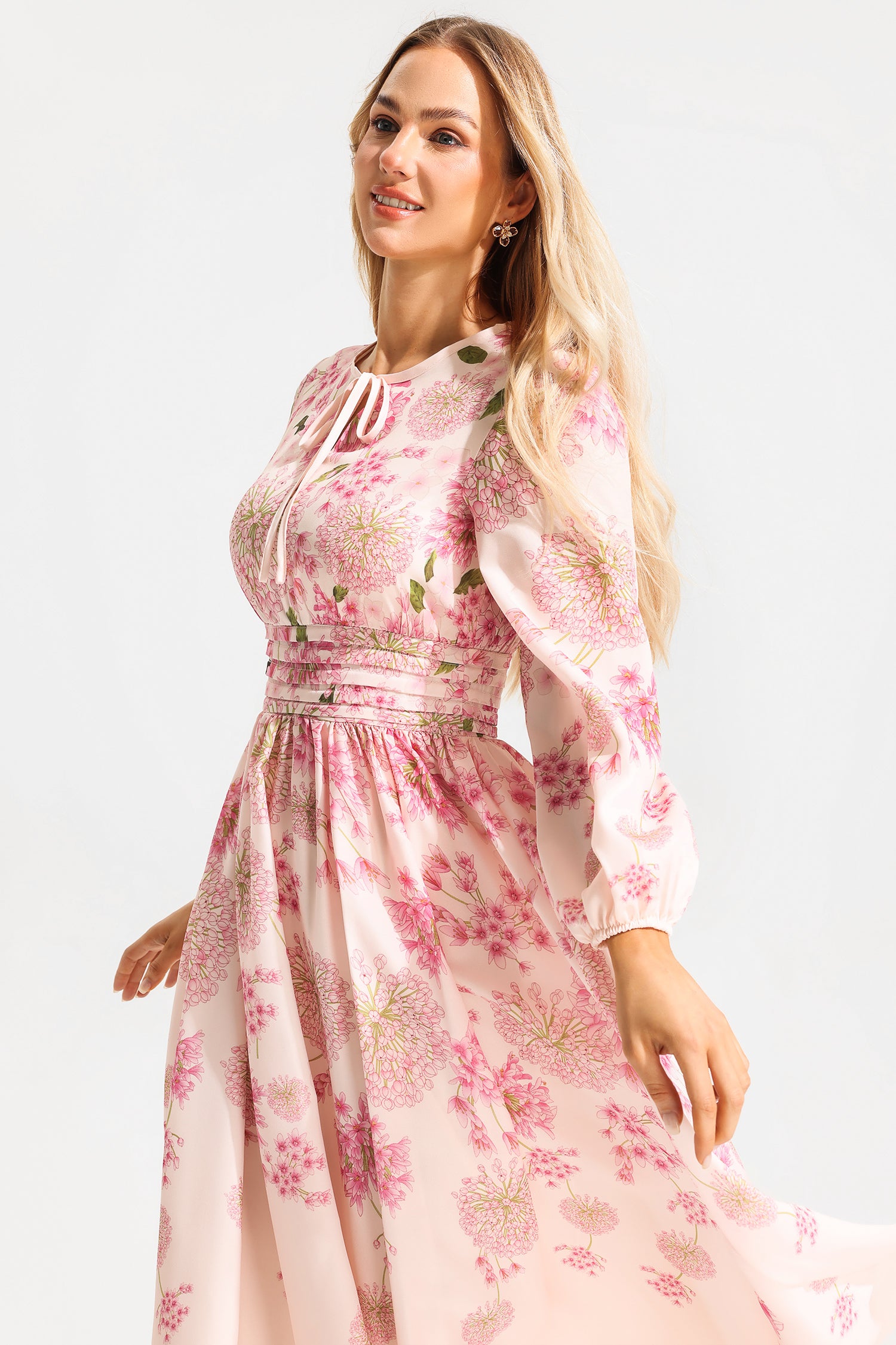 Floral Print Round Neck Puff Sleeve Maxi Dress