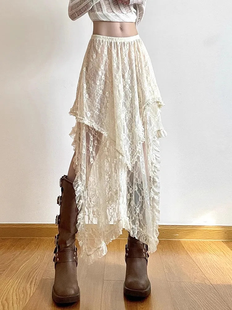 2024 neue Sommer Spitze Asymmetrische Rock Fairycore Frauen Vintage Y2K Boho Mode Hohe Taille Mid Röcke Dame Urlaub Outfits 